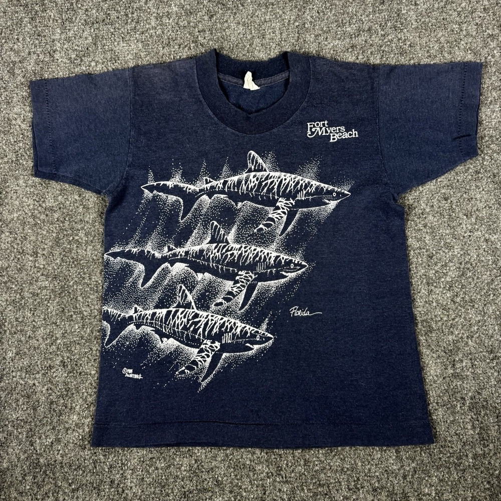 Vintage Shark T-Shirt Kids Single Stitch Graphic Sweetback 1984 Fort Myers Beach